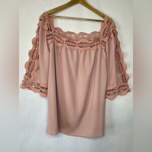 Blush Pink Lace Shoulder Top with Lace Details Women’s Size L